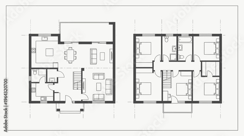 Modern Two-Story House Floor Plan Blueprint, Architectural Drawing of Ground and First Floor with Furniture Layout, Technical Residential Building Schematic