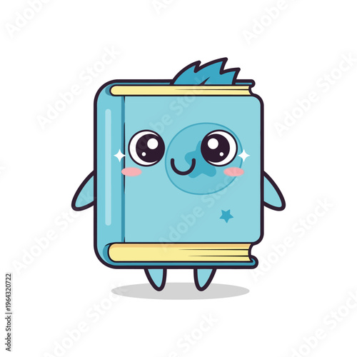 Cartoon blue book with smiling face.