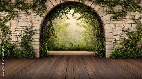 A serene stone archway surrounded by lush greenery leading to a tranquil forest view