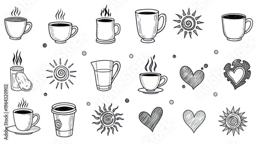 Collection of Hand Drawn Coffee Cups and Sun Icons.