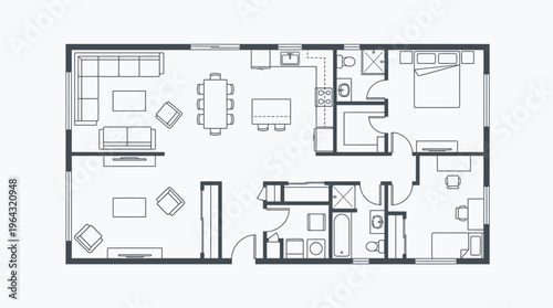 Modern 2D Apartment Floor Plan Architectural Blueprint with Detailed Furniture Layout