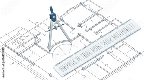 Isometric Architectural Blueprint with Drafting Compass and Ruler for House Construction Planning and Interior Design Development