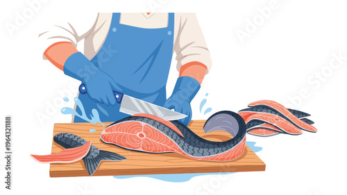 Culinary Precision: A culinary professional expertly cuts through a vibrant salmon fillet on a wooden cutting board, showcasing the art of seafood preparation and freshness.