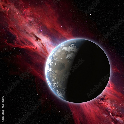 Stunning cinematic view of a distant exoplanet against a vibrant red cosmic nebula. Perfect for scifi covers, space exploration themes, and educational designs capturing the vast universe.