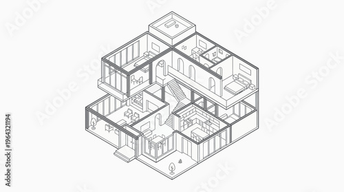 Isometric 3D Architectural House Floor Plan Line Art Illustration with Interior Rooms and Furniture Layout