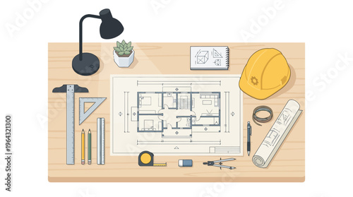 Architect Desk Top View Illustration with House Blueprint Floor Plan, Yellow Hard Hat, and Engineering Construction Tools. Professional Project Planning Concept.