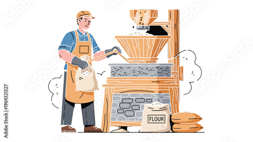 The Miller's Art: A skilled miller, amidst the rustic charm of the grain mill. The image is an illustration of his trade, collecting flour