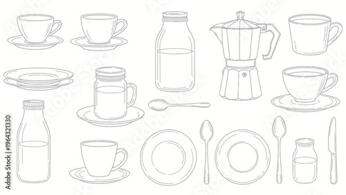 Collection of hand-drawn kitchenware and drink items in outline style.