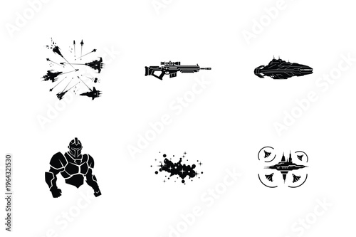 Sci-fi arsenal and armor icons collection featuring weapons and characters