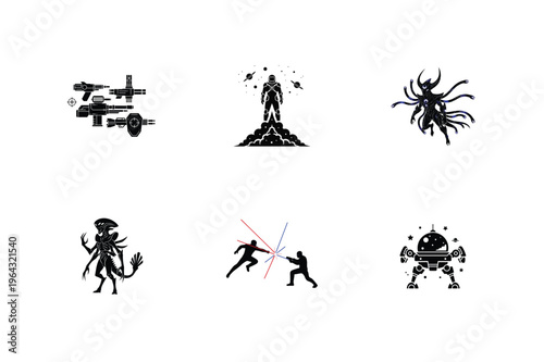 Iconic sci-fi and fantasy characters in black and white silhouettes