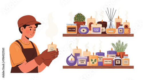 Candle Artisan: A skilled artisan, enveloped in the comforting glow of a craft, meticulously examines a handcrafted candle within a beautifully organized display.