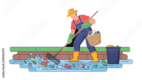 City Cleanup: A dedicated individual diligently clears litter and debris from a polluted urban stream, demonstrating the importance of environmental responsibility and community action.