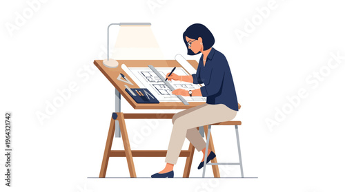 Professional Female Architect Drawing House Blueprints on a Drafting Table, Engineering and Construction Design Concept Illustration