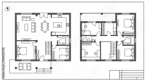 Architectural Floor Plan of a Modern Two-Story Residential House with Furniture Layout on Grid Paper Background