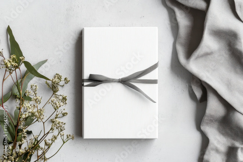 White gift box with gray ribbon, eucalyptus and gypsophila flowers on marble table