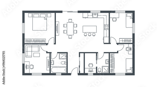Modern 2D House Floor Plan Schematic with Three Bedrooms and Open Concept Living Area