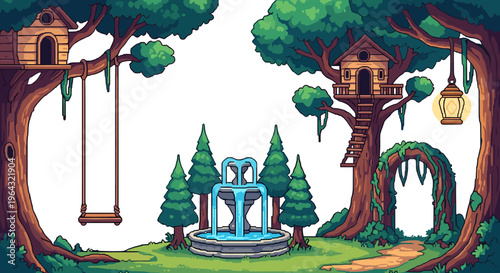 Enchanting pixel art forest scene with treehouses, a swing, and a fountain