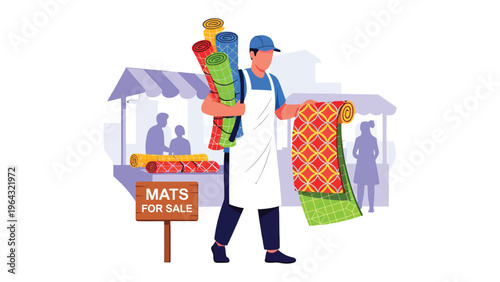 Marketplace Display: An artisan showcases his vibrant, hand-crafted mats at an outdoor market, representing tradition, artistry, and the spirit of commerce.