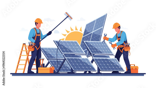 Solar Panel Technicians at Work: Two skilled technicians meticulously maintain a grid of solar panels under the radiant sun.