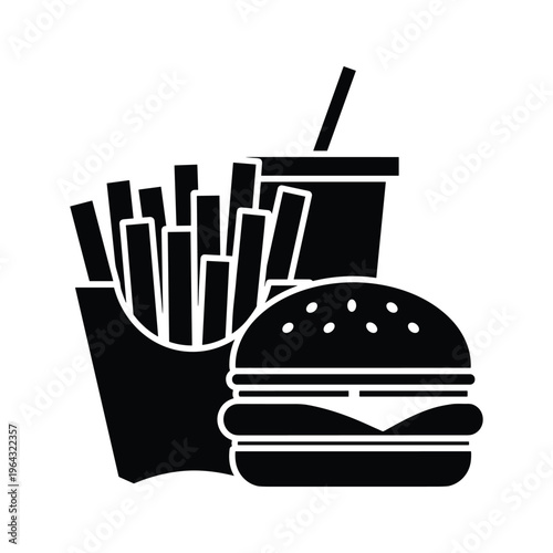 Burger, Fries, and Drink Icon - Black and White Fast Food Vector