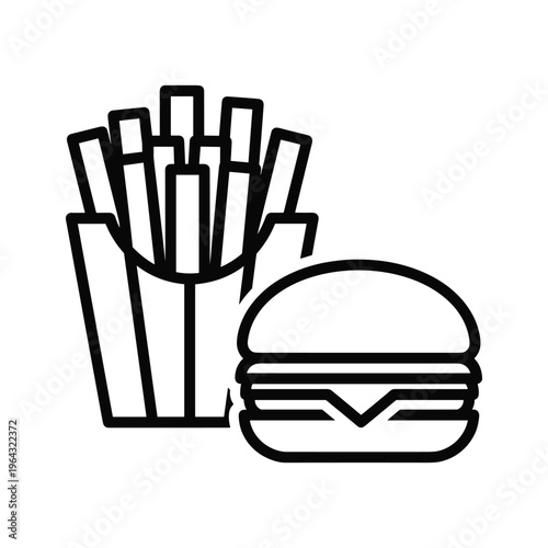 Burger and Fries Icon: Simple Line Art Fast Food Meal