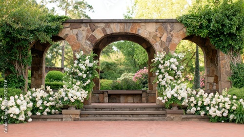 A serene garden scene featuring stone arches adorned with white flowers and greenery