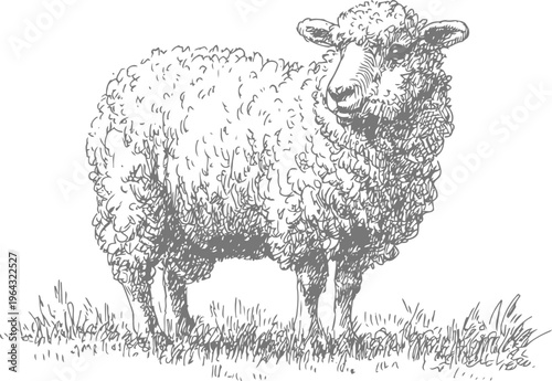 Detailed hand drawn illustration of a sheep standing on grass, rural farm animal sketch art