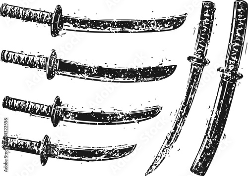 Set of vintage japanese samurai swords with scabbards, detailed black and white ink drawing