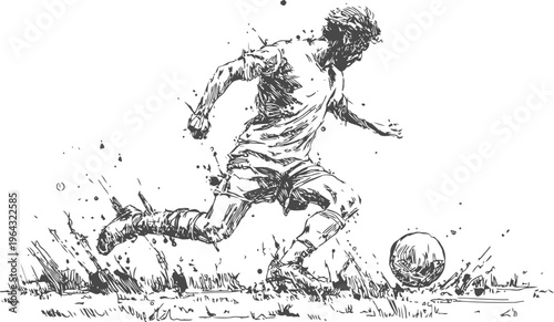 Dynamic soccer player kicking ball with paint splash and sketch effect isolated on white background