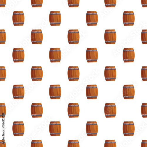 Wooden barrels forming a repeating seamless pattern on a white background