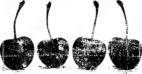 Four rustic cherries with stems in a row, vintage distressed fruit illustration