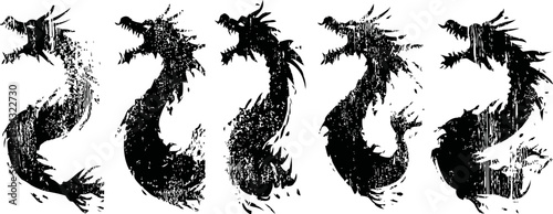 Set of five black ink dragons with dynamic brushstroke silhouettes and textured design