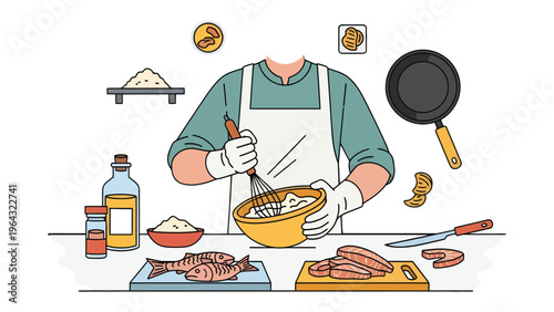 Culinary Creation: A chef expertly prepares ingredients with focus and finesse. A symphony of textures and flavors begins to come alive