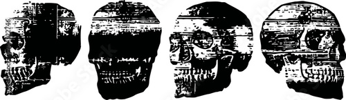 grunge human skull silhouettes in multiple angled views with distressed texture