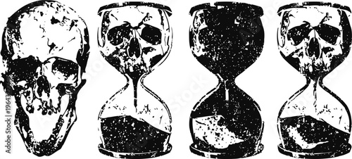 grunge skull and hourglass silhouettes time passing, mortality, life and death concept design