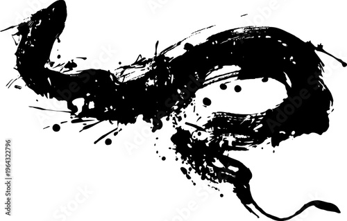 Abstract black ink brushstroke splash with dynamic swirling pattern on white background