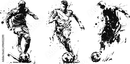 Three grunge soccer players dribbling with ball in dynamic action silhouettes