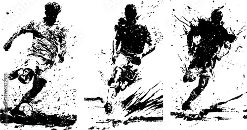 Dynamic soccer players in action with splattered ink effect, motion, energy, sports intensity