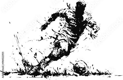 soccer player kicking ball dynamic silhouette splash ink drawing black and white