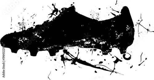 Black soccer cleat silhouette with ink splatter effect on white background for sport design