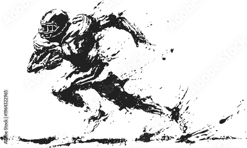 American football player running with ball in dynamic ink splatter illustration