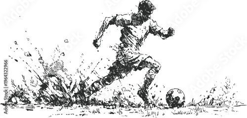 Dynamic soccer player kicking ball with splattered ink effect, energetic sports action illustration