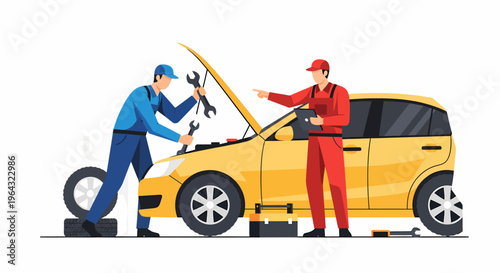 Two mechanics working on yellow car.