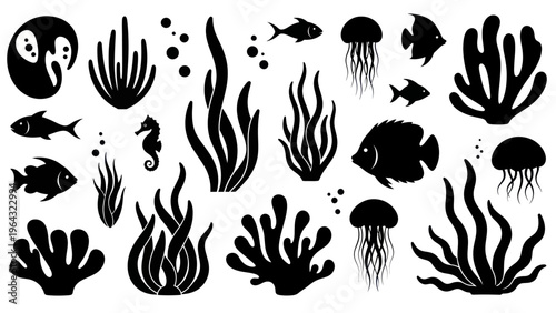 Collection of Underwater Sea Life and Plants Silhouettes.