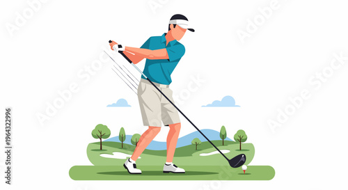 Man swinging golf club on course.