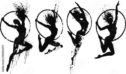 dynamic acrobatic silhouettes performing with hoops in artistic motion poses and abstract grunge