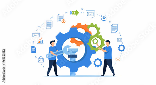 Two men working with large gear.