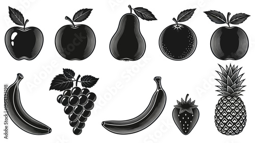Collection of various fruits in black and white silhouette style.