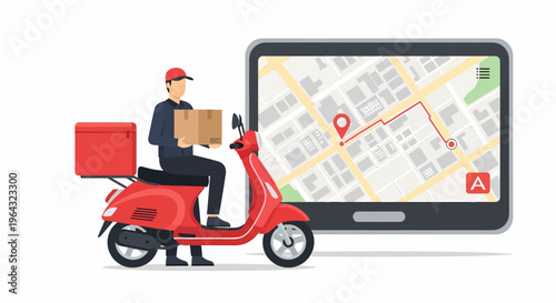 Delivery man on red scooter.