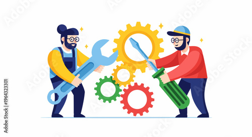 Two workers with large wrenches and gears.